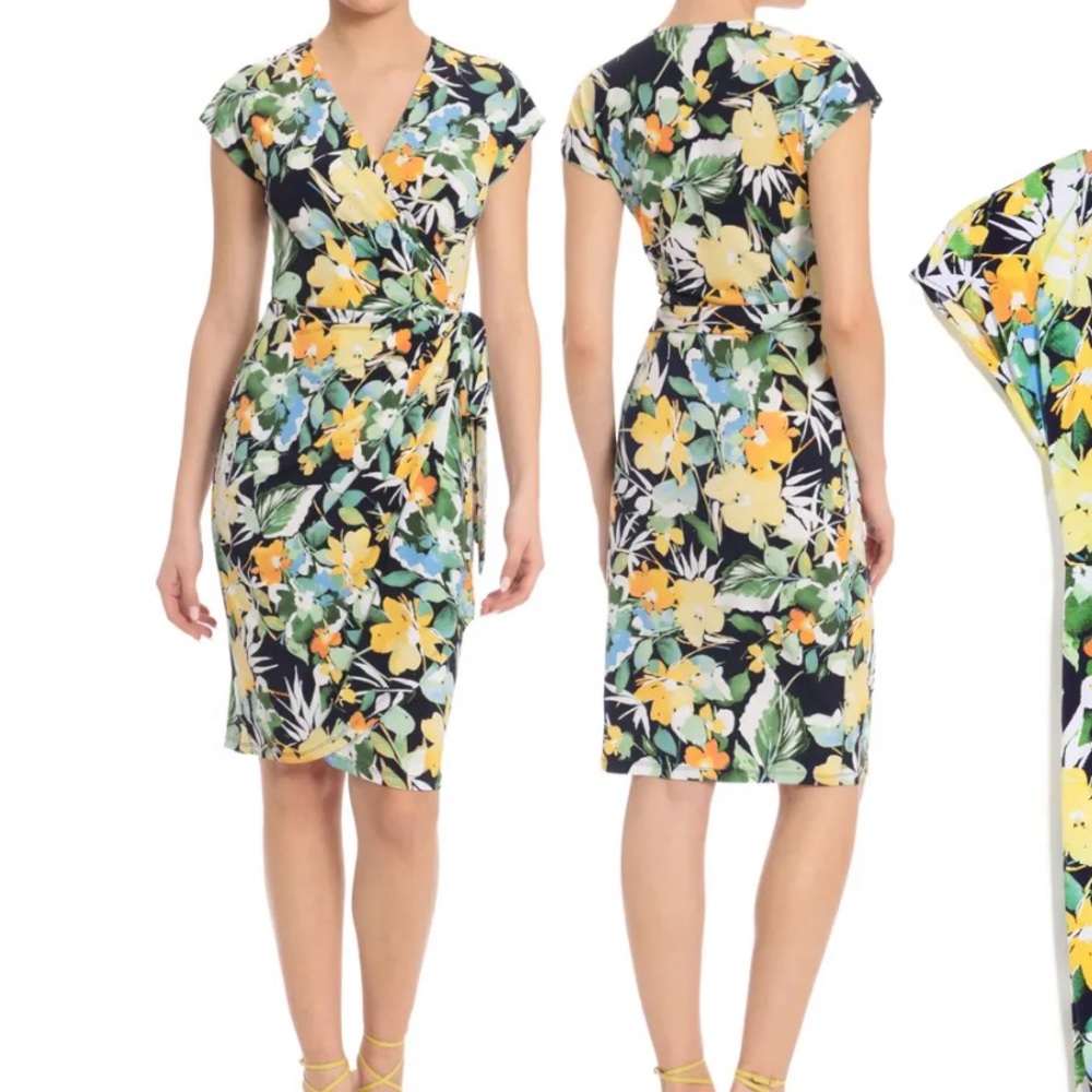 Maggy London Surplice V Neck Short Sleeve Floral Jersey Wrap Dress 10 Navy NWT